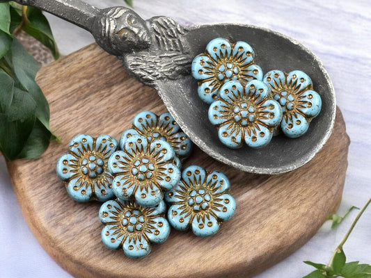 *12* 14mm Dark Bronze Washed Opaque Dark Blue Turquoise Wildflower Beads