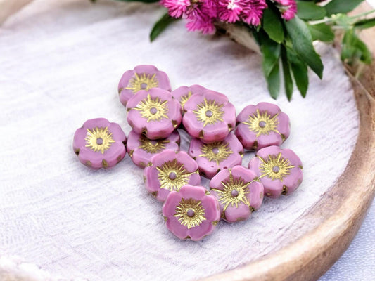 Czech Glass Beads - Hawaiian Flower Beads - Hibiscus Beads - Pink Flower Beads - Picasso Beads - 12pcs - 12mm - (A39)