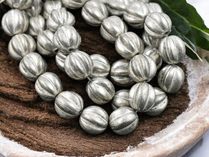 White Washed Antique Silver Round Melon Beads -- Choose Your Size