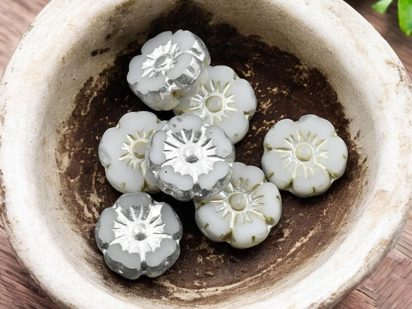 *16* 9mm Metallic Beige Washed Silvered White Table Cut Hawaiian Flower Beads