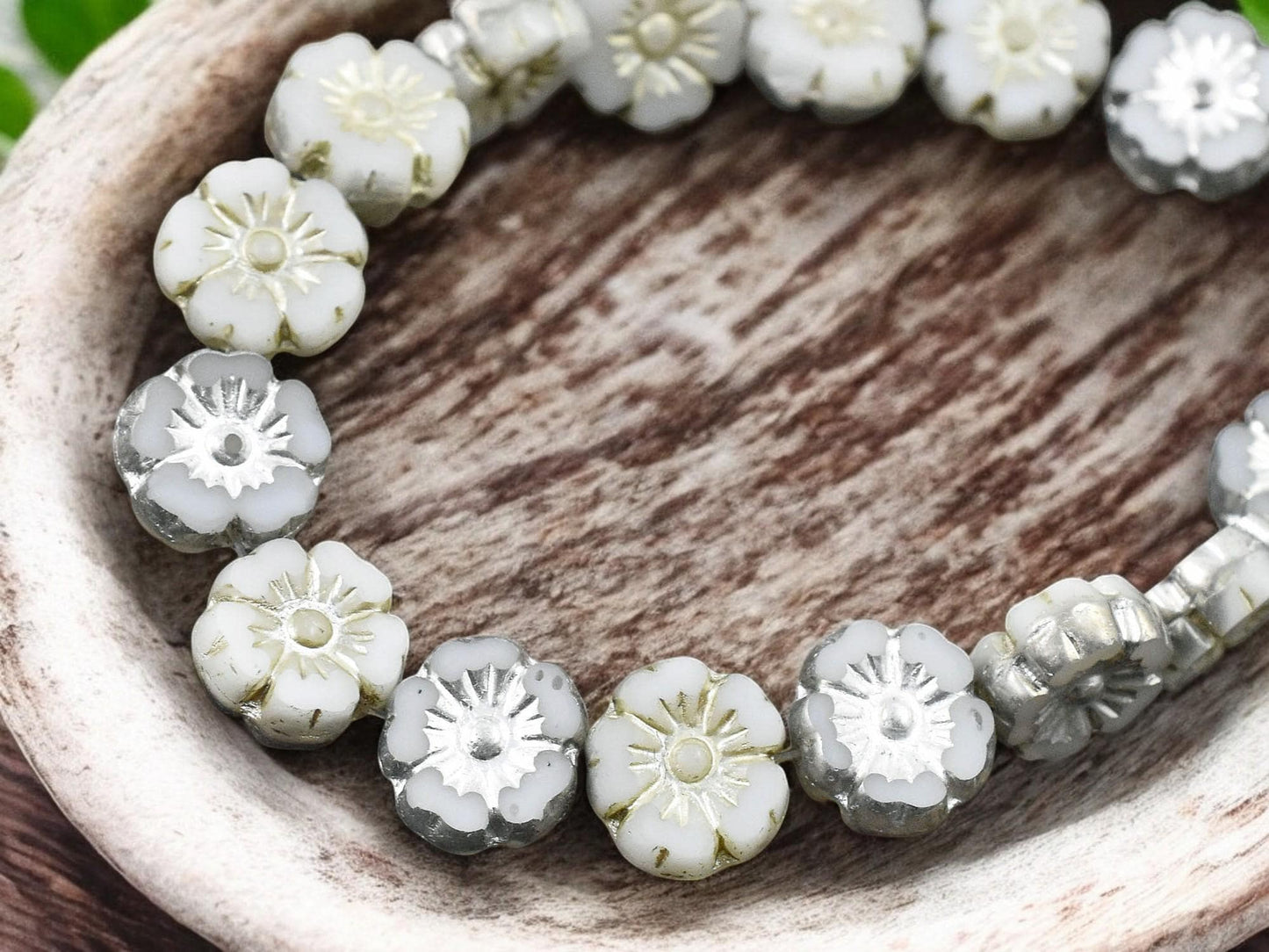 *16* 9mm Metallic Beige Washed Silvered White Table Cut Hawaiian Flower Beads