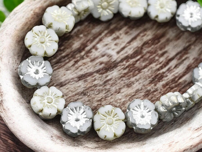 *16* 9mm Metallic Beige Washed Silvered White Table Cut Hawaiian Flower Beads