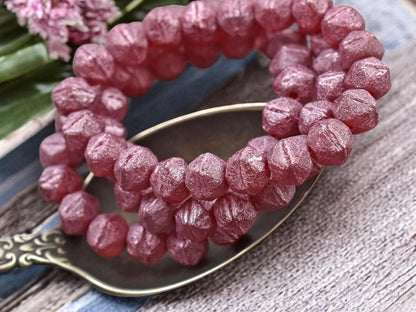 *20* 8mm Metallic Pink Washed Etched Ruby Red English Cut Round Beads