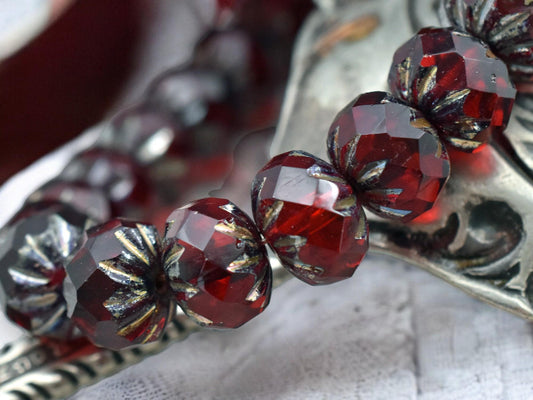 *25* 6x9mm Ruby Red Picasso Fire Polish Cruller Rondelle Beads