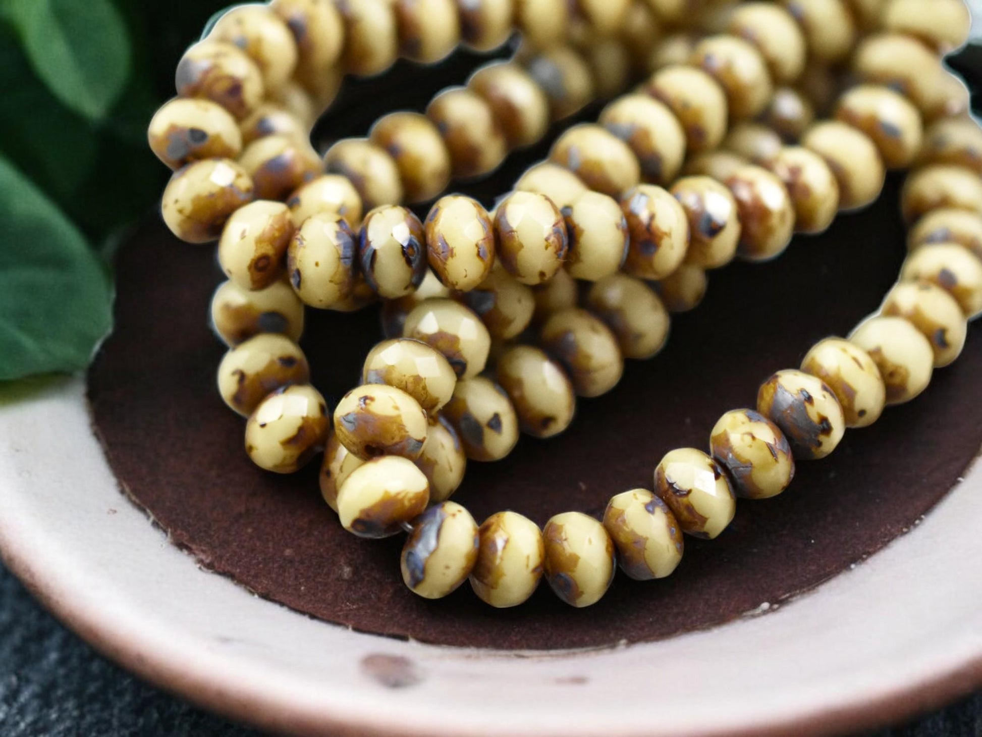 *30* 3x5mm Opaque Beige Picasso Fire Polished Rondelle Beads