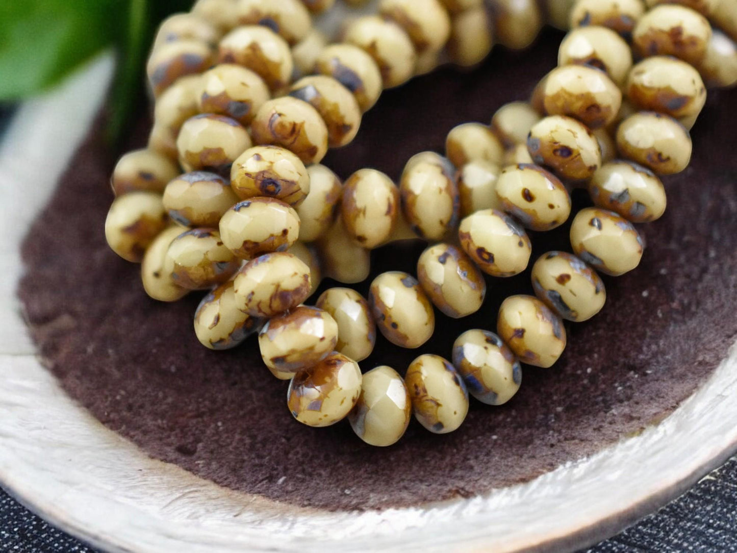 *30* 3x5mm Opaque Beige Picasso Fire Polished Rondelle Beads