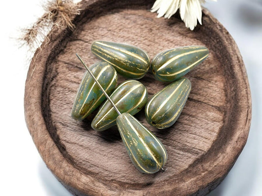 *6* 22x11mm Gold Washed Teal Picasso Picasso Melon Drop Beads