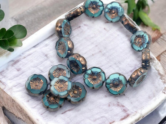 Czech Glass Beads - Hawaiian Flower Beads - Hibiscus Beads - Blue Flower Beads - 12pcs - 12mm - (820)
