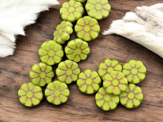 *8* 12mm Bronze Washed Opaque Chartreuse Cosmo Flower Beads