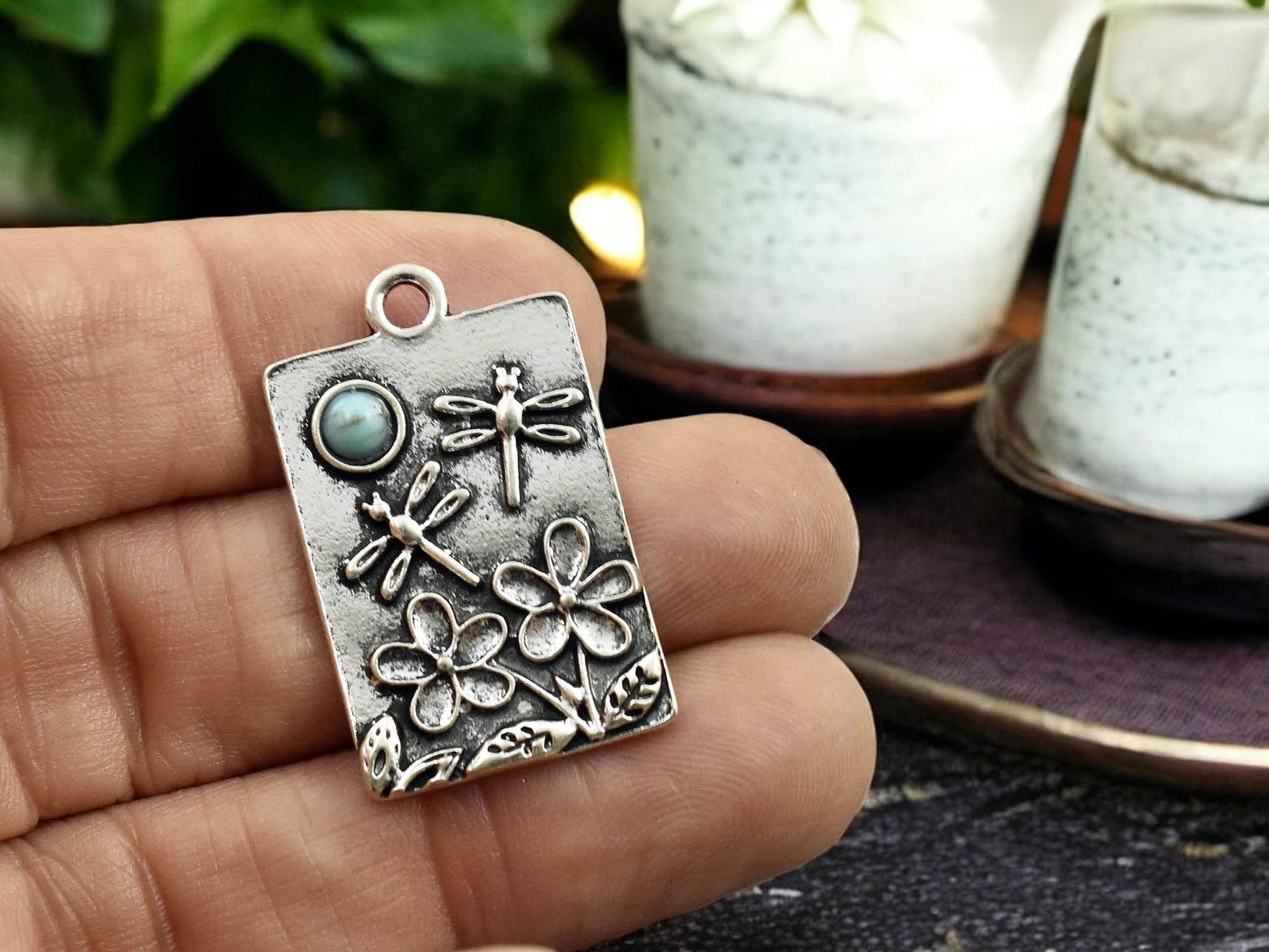 *5* 30x19mm Antique Silver Rectangle Floral Charms