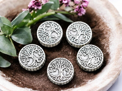 *5* 15mm Antique Silver Tree Of LIfe Coin Beads