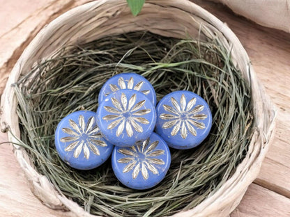 *15* 12mm Silver Platinum Washed Blue Opaline Aster Flower Coin Beads