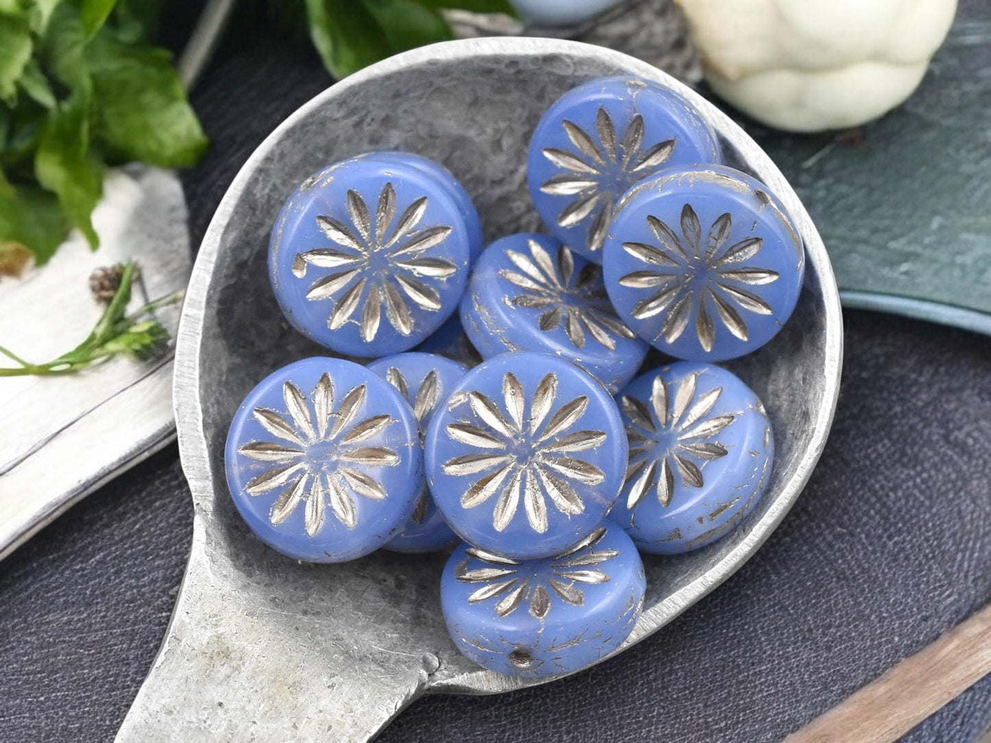 *15* 12mm Silver Platinum Washed Blue Opaline Aster Flower Coin Beads