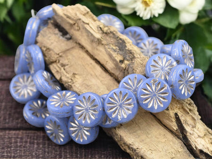 *15* 12mm Silver Platinum Washed Blue Opaline Aster Flower Coin Beads