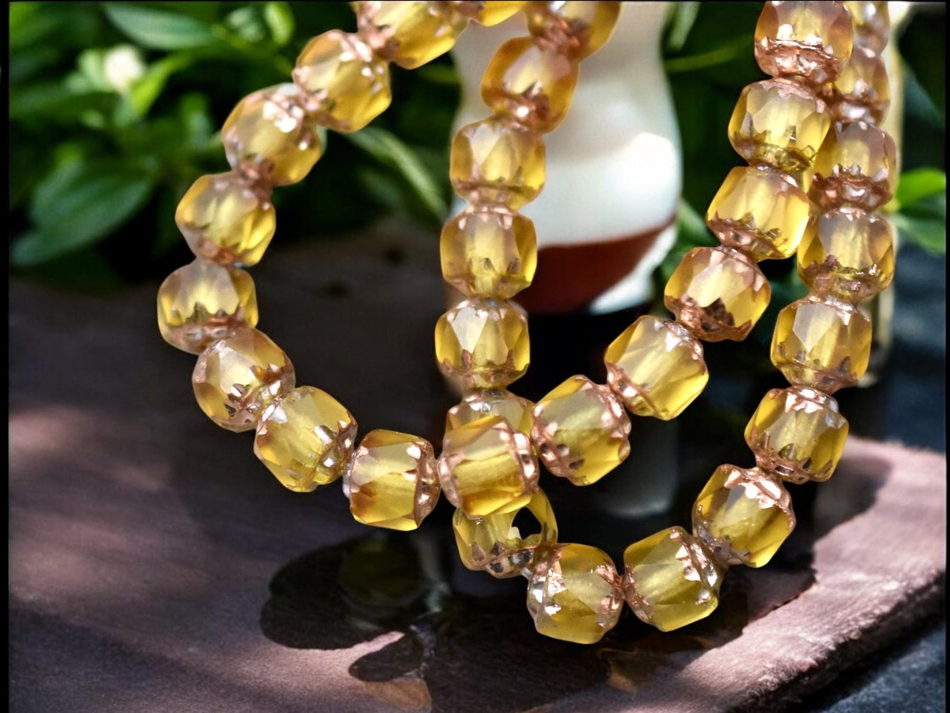 *20* 6mm Copper Washed Matte Yellow Topaz Polished Cathedral Beads