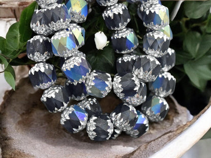 *15* 8mm Silver Washed Matte Montana Blue AB Fire Polished Cathedral Beads