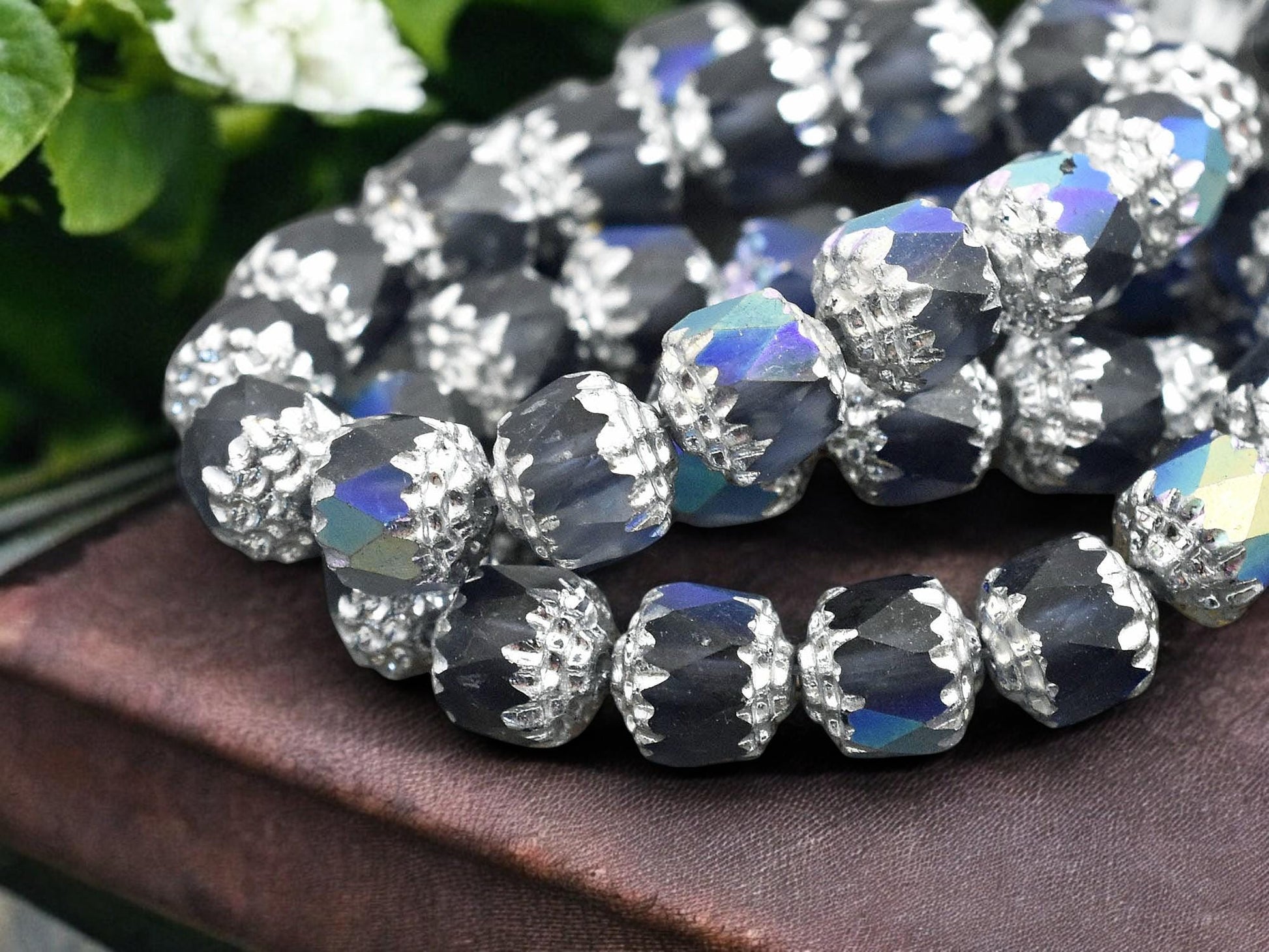 *15* 8mm Silver Washed Matte Montana Blue AB Fire Polished Cathedral Beads