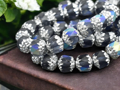 *15* 8mm Silver Washed Matte Montana Blue AB Fire Polished Cathedral Beads