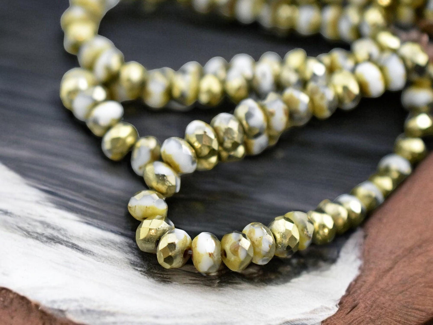 *30* 3x5mm Gold Washed Winter White Picasso Fire Polished Rondelle Beads