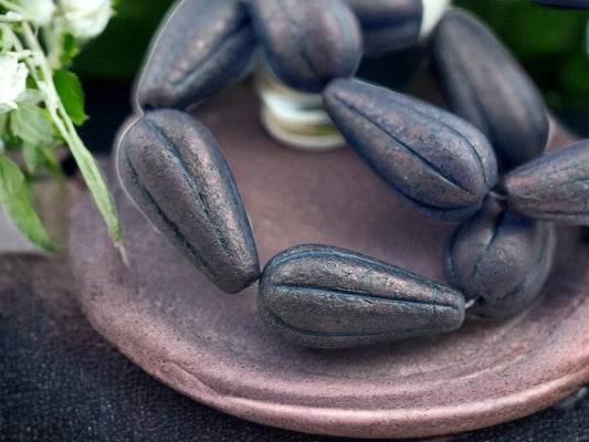 *2* 22x11mm Etched Matte Montana Blue Luster Melon Drop Beads