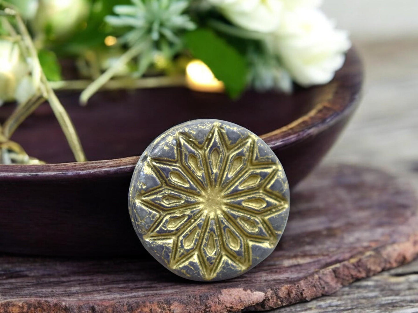 *2* 18mm Gold Washed Matte Purple Luster Star Flower Coin Beads