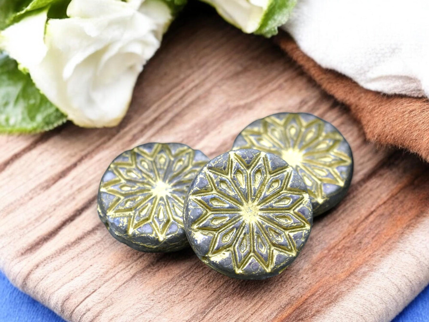 *2* 18mm Gold Washed Matte Purple Luster Star Flower Coin Beads