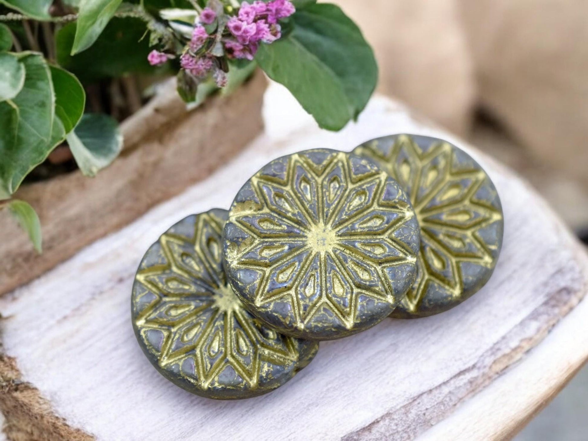 *2* 18mm Gold Washed Matte Purple Luster Star Flower Coin Beads