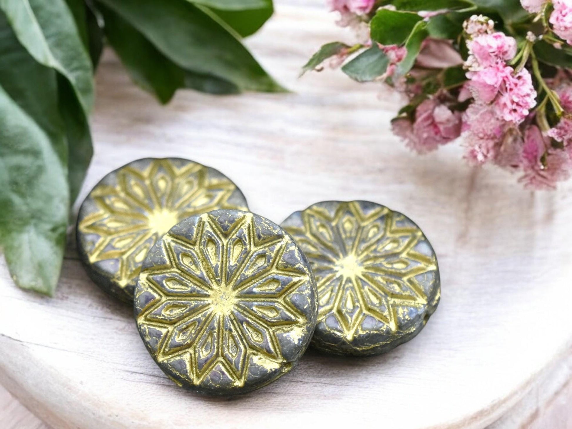 *2* 18mm Gold Washed Matte Purple Luster Star Flower Coin Beads