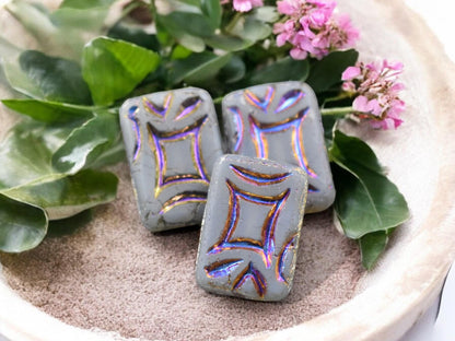 *2* 19x13mm Matte Grey Opal Sliperit Rainbow Rectangle Beads