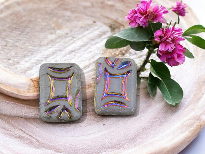*2* 19x13mm Matte Grey Opal Sliperit Rainbow Rectangle Beads