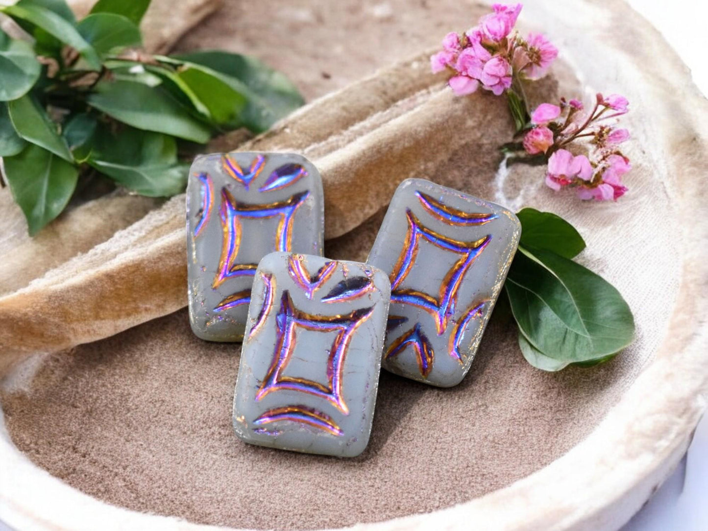 *2* 19x13mm Matte Grey Opal Sliperit Rainbow Rectangle Beads