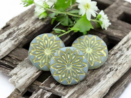 *2* 18mm Gold Washed Matte Aqua Opaline Star Flower Coin Beads