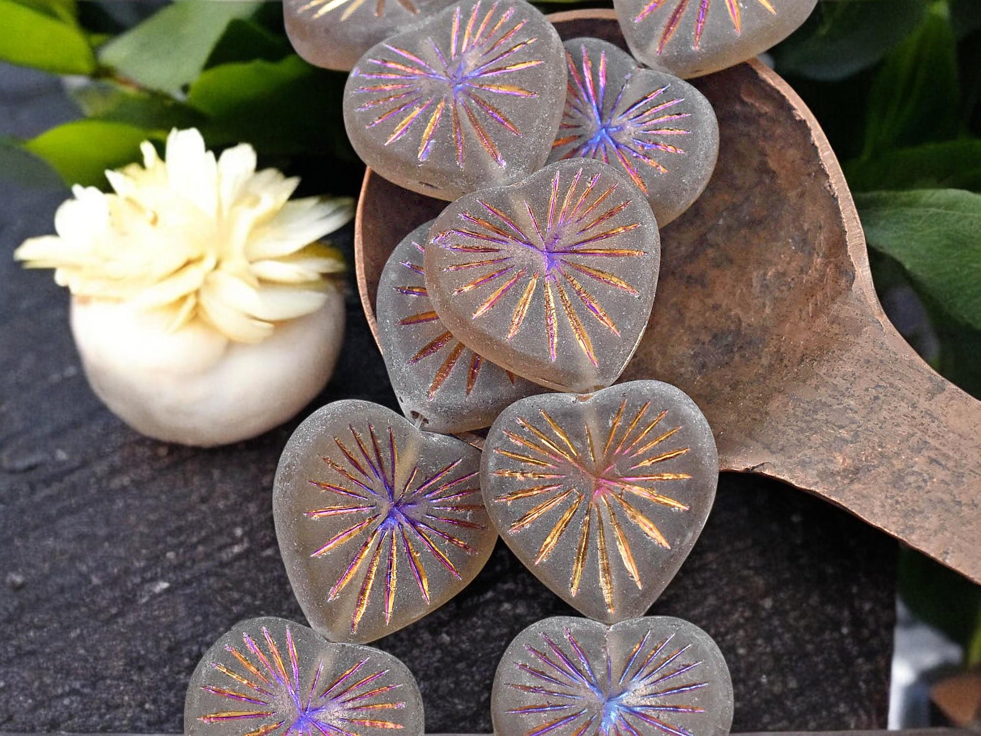 *6* 18mm Metallic Volcano Washed Matte Black Diamond Heart Beads