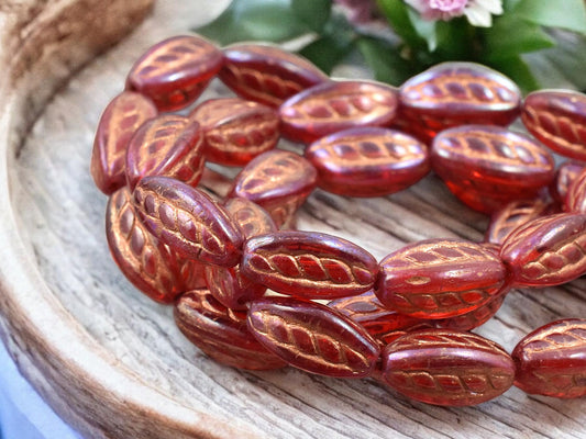 *10* 15x9mm Copper Washed Pink Lustered Ruby Red Twisted Oval Beads