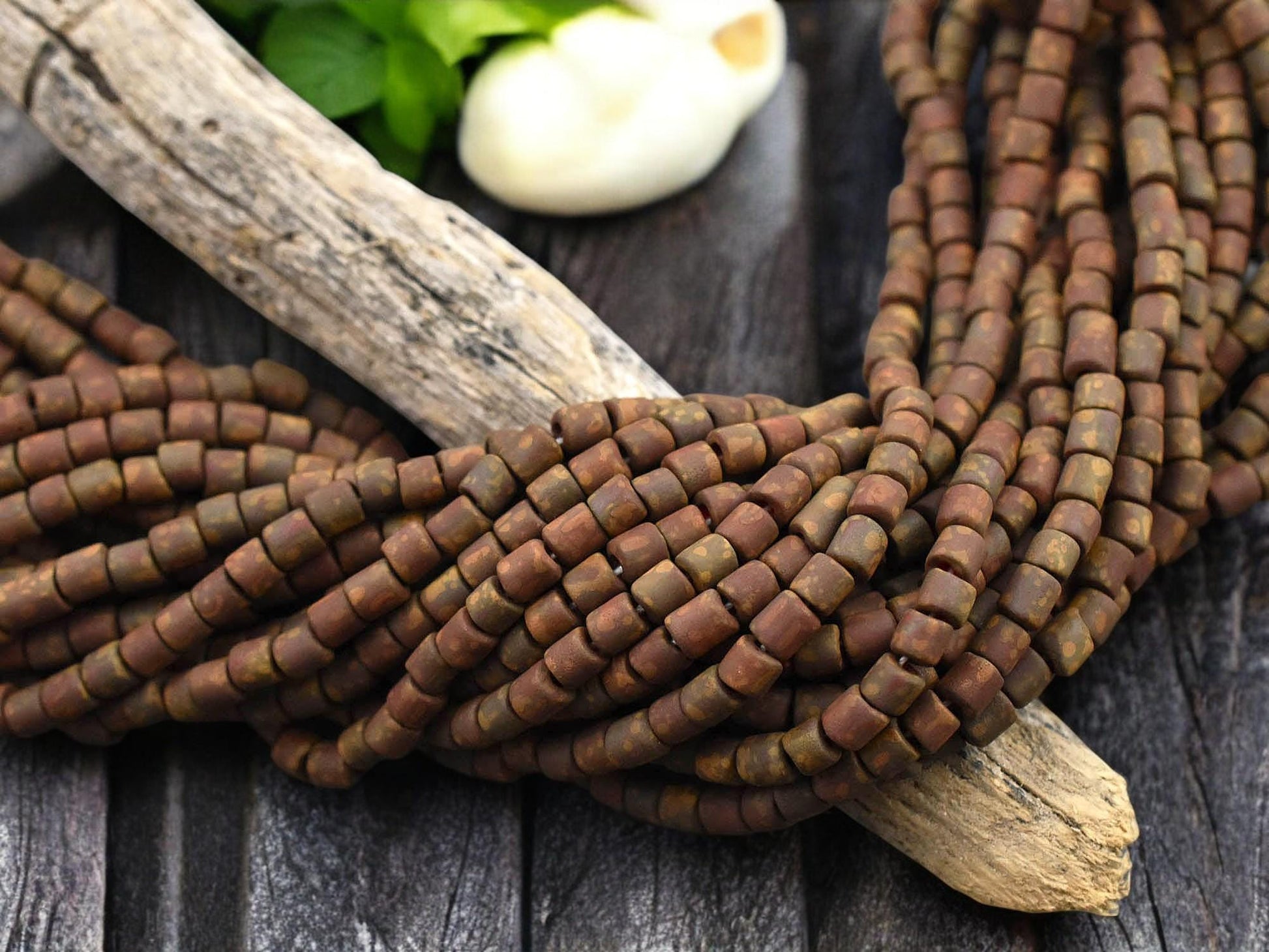 6/0 Aged Matte Dark Red Picasso Bugle Tube Seed Bead Mix (21" Strand)