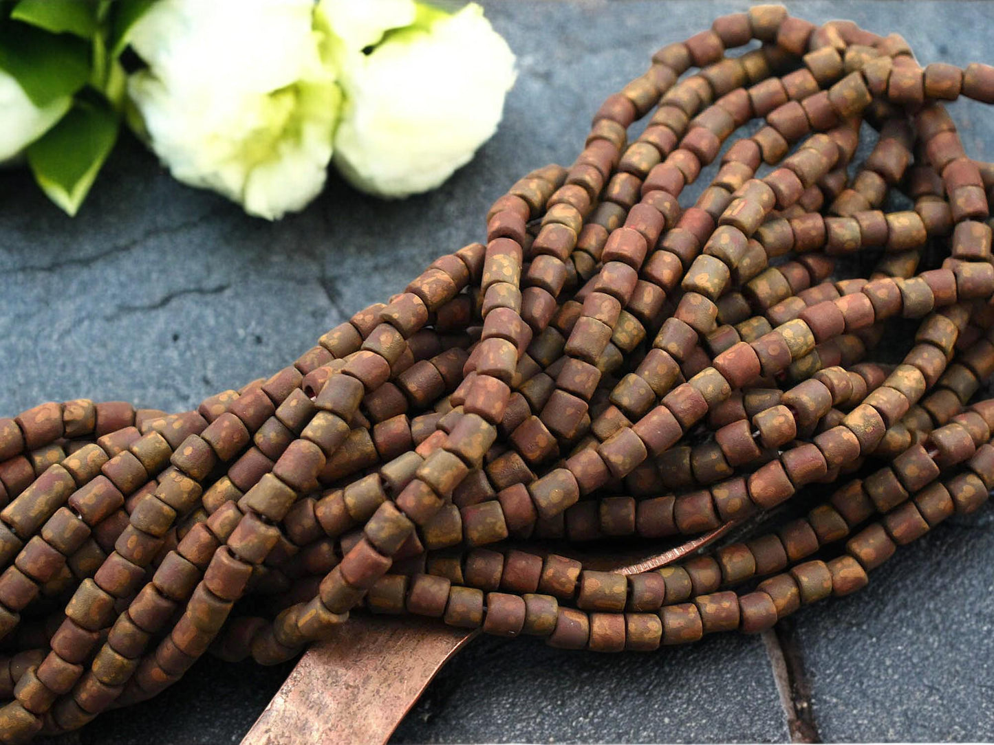 6/0 Aged Matte Dark Red Picasso Bugle Tube Seed Bead Mix (21" Strand)