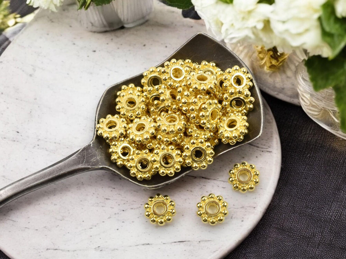 7mm Gold Daisy Spacer Beads -- Choose Your Quantity