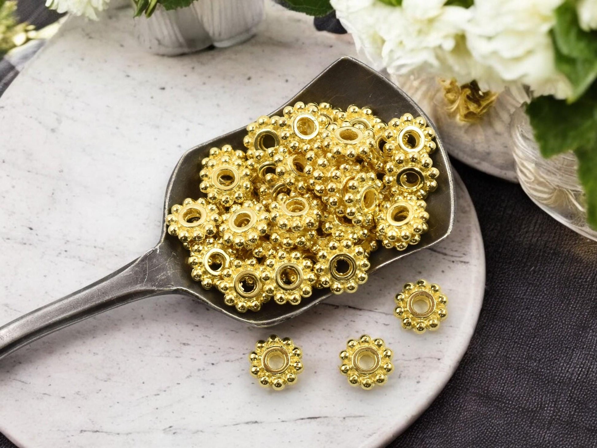 7mm Gold Daisy Spacer Beads -- Choose Your Quantity