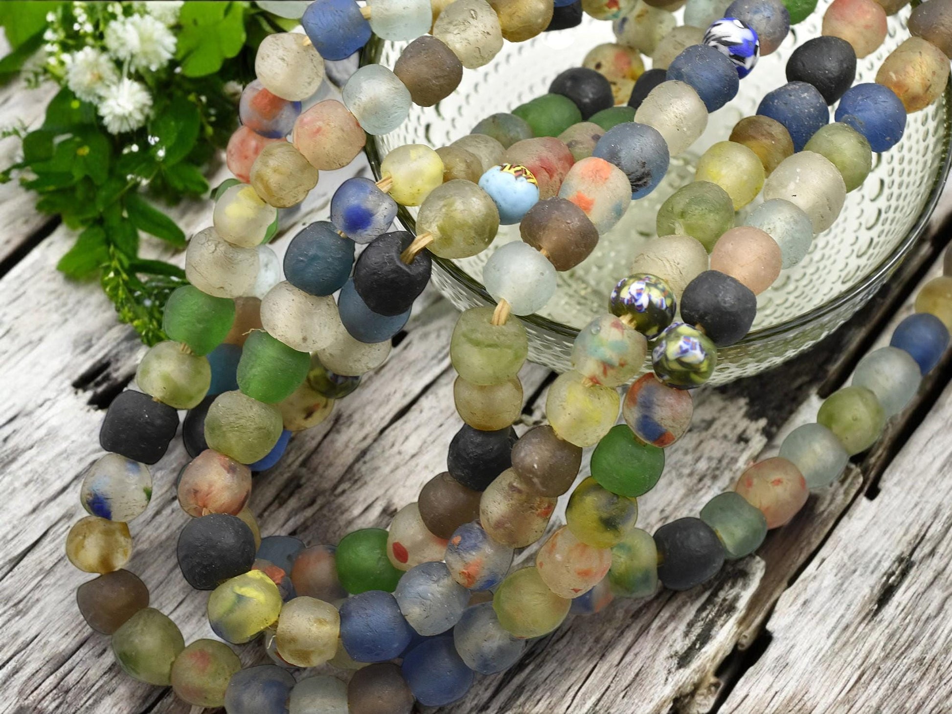 African Trade Beads - Fair Trade Beads - Powder Glass Beads - African Recycled Glass Beads - Approx 13-16mm - 10" Strand - (J44)