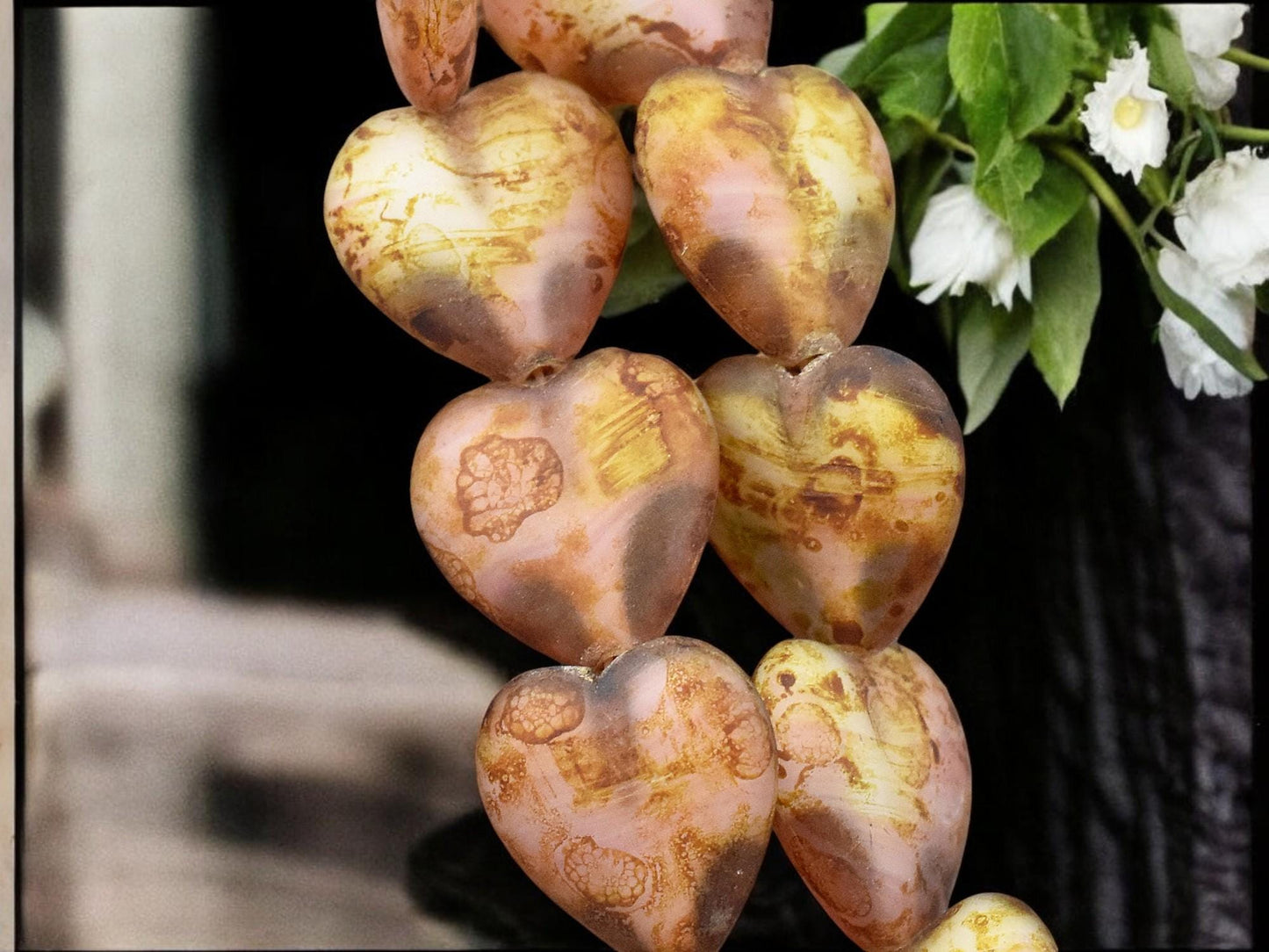 *6* 16mm Matte Crystal & Pink Picasso Heart Beads