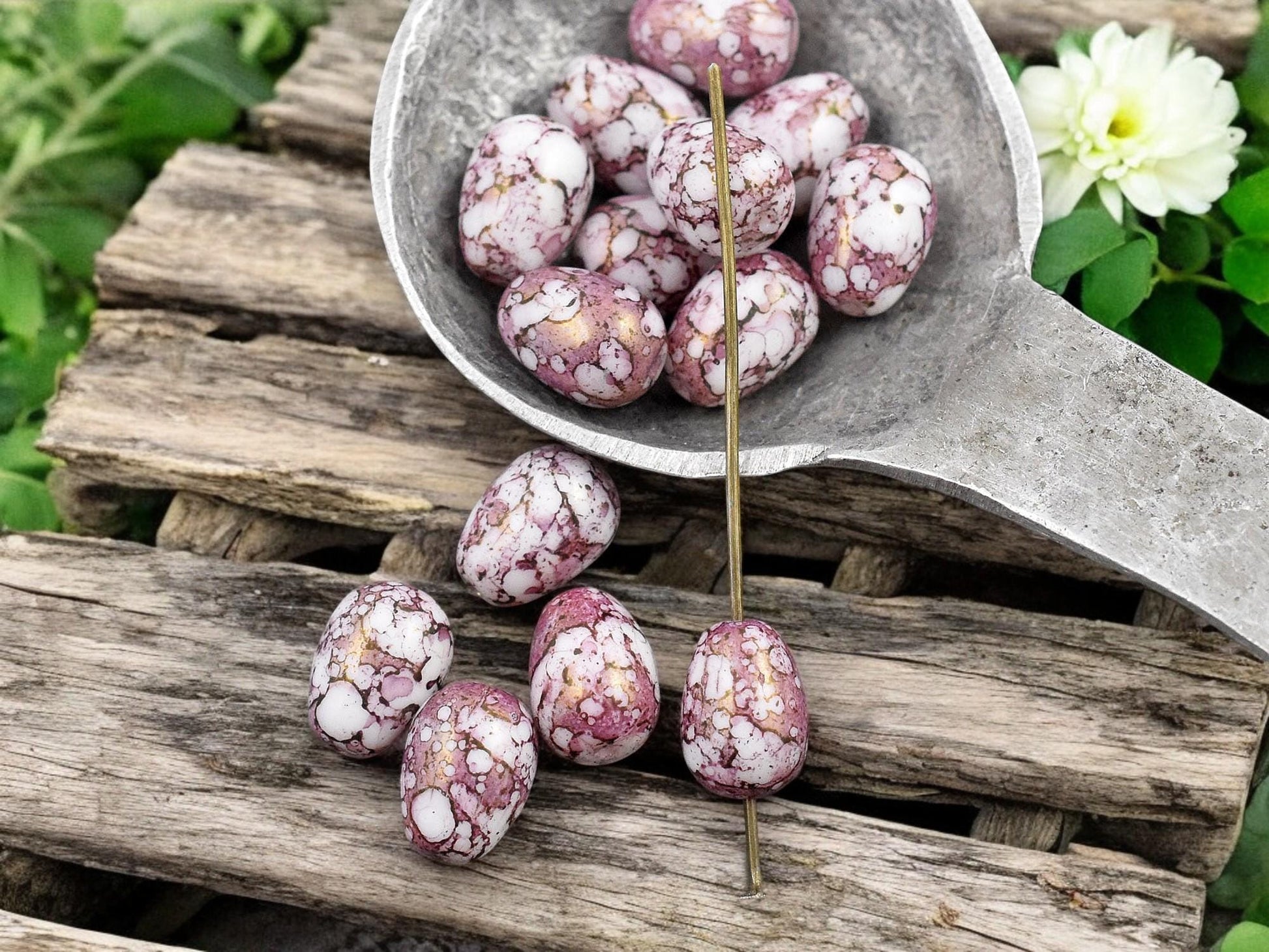 *20* 10x8mm Pink Picasso Luster Washed Alabaster Pear Drop Beads