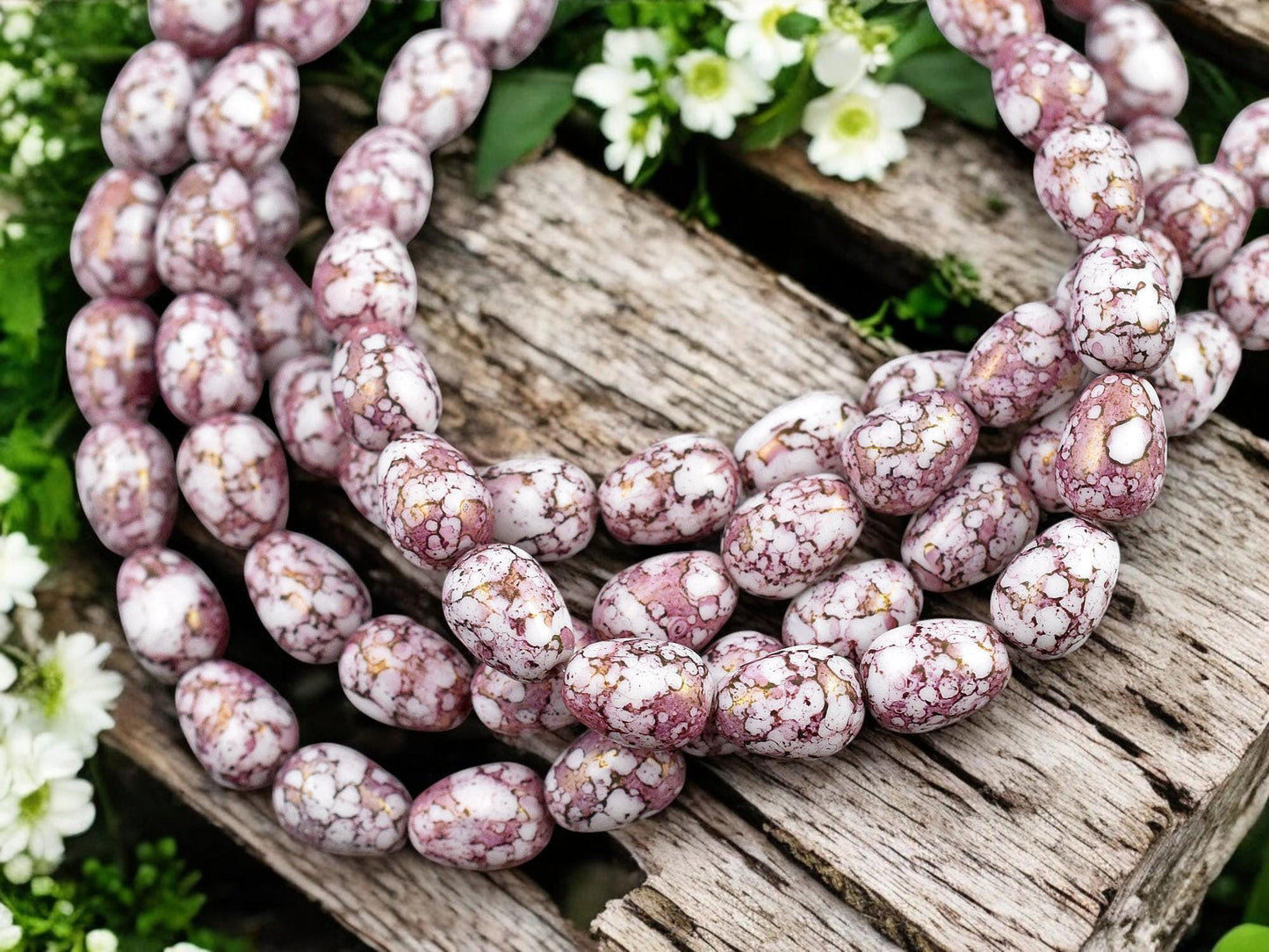 *20* 10x8mm Pink Picasso Luster Washed Alabaster Pear Drop Beads
