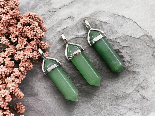 40mm Platinum Tone Natural Green Aventurine Double Terminated Bullet Pendant