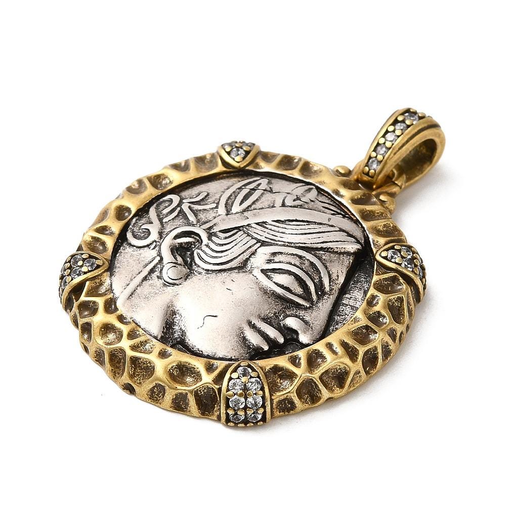 Metal Pendants - Mixed Metal Pendant - Greek Coin Replica - Rhinestone Pendant - 35x30mm - (5726)