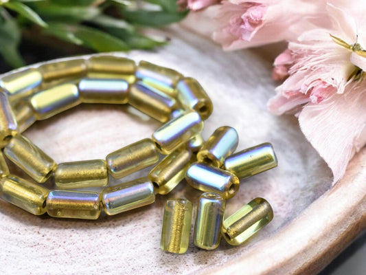 *10* 14x7mm Gold Lined Light Topaz AB Large Hole Tube Beads