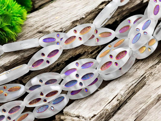 *8* 20x9mm Metallic Volcano Washed Matte White Crystal Cloud Marquise Oval Beads