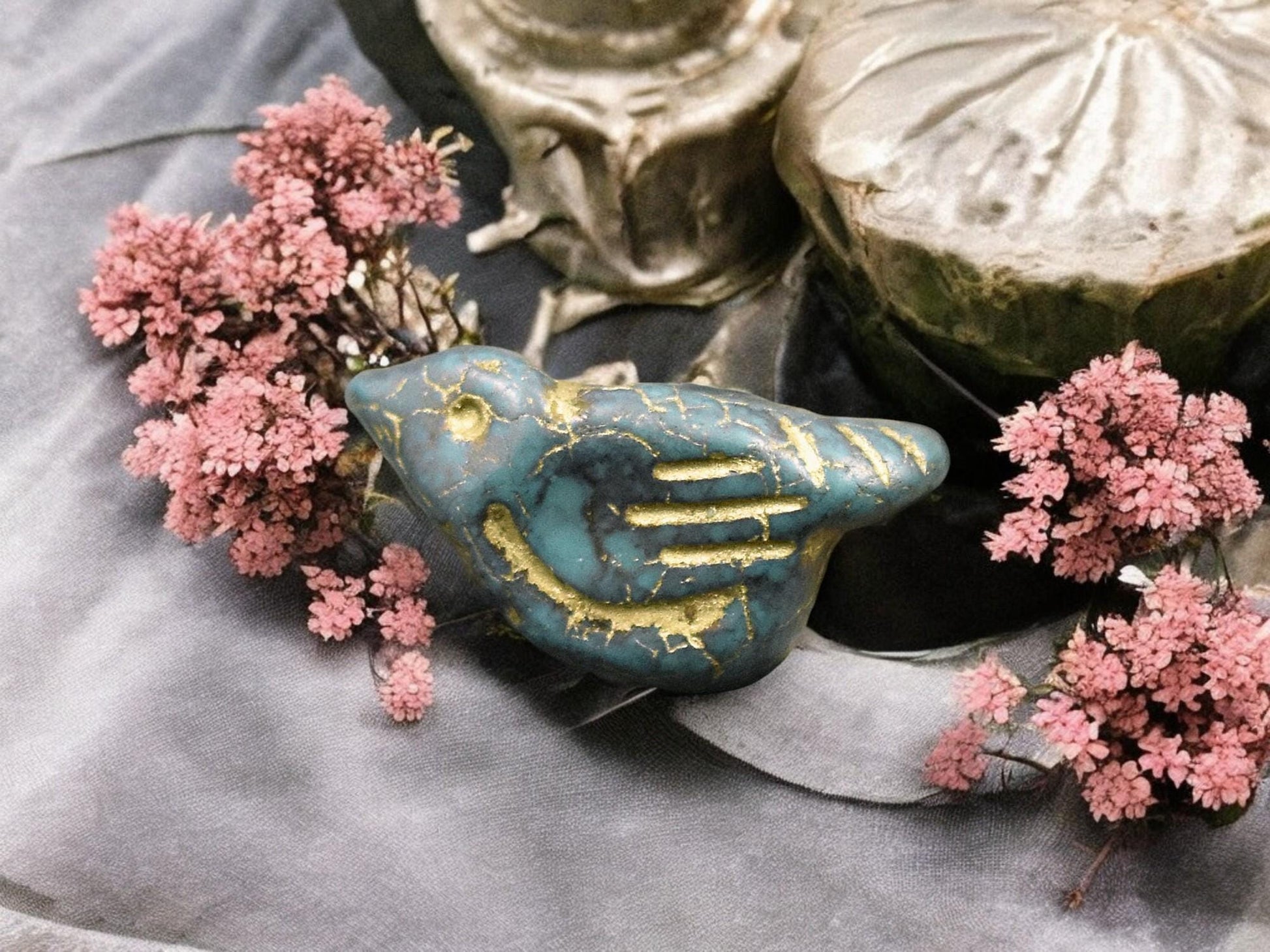 *6* 11x22mm Gold Washed Persian Turquoise Bird Beads