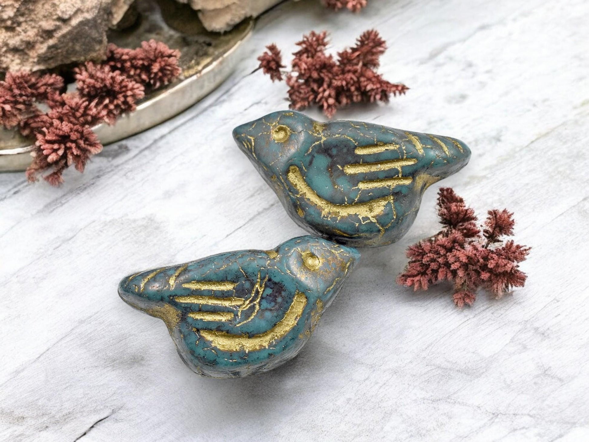 *6* 11x22mm Gold Washed Persian Turquoise Bird Beads