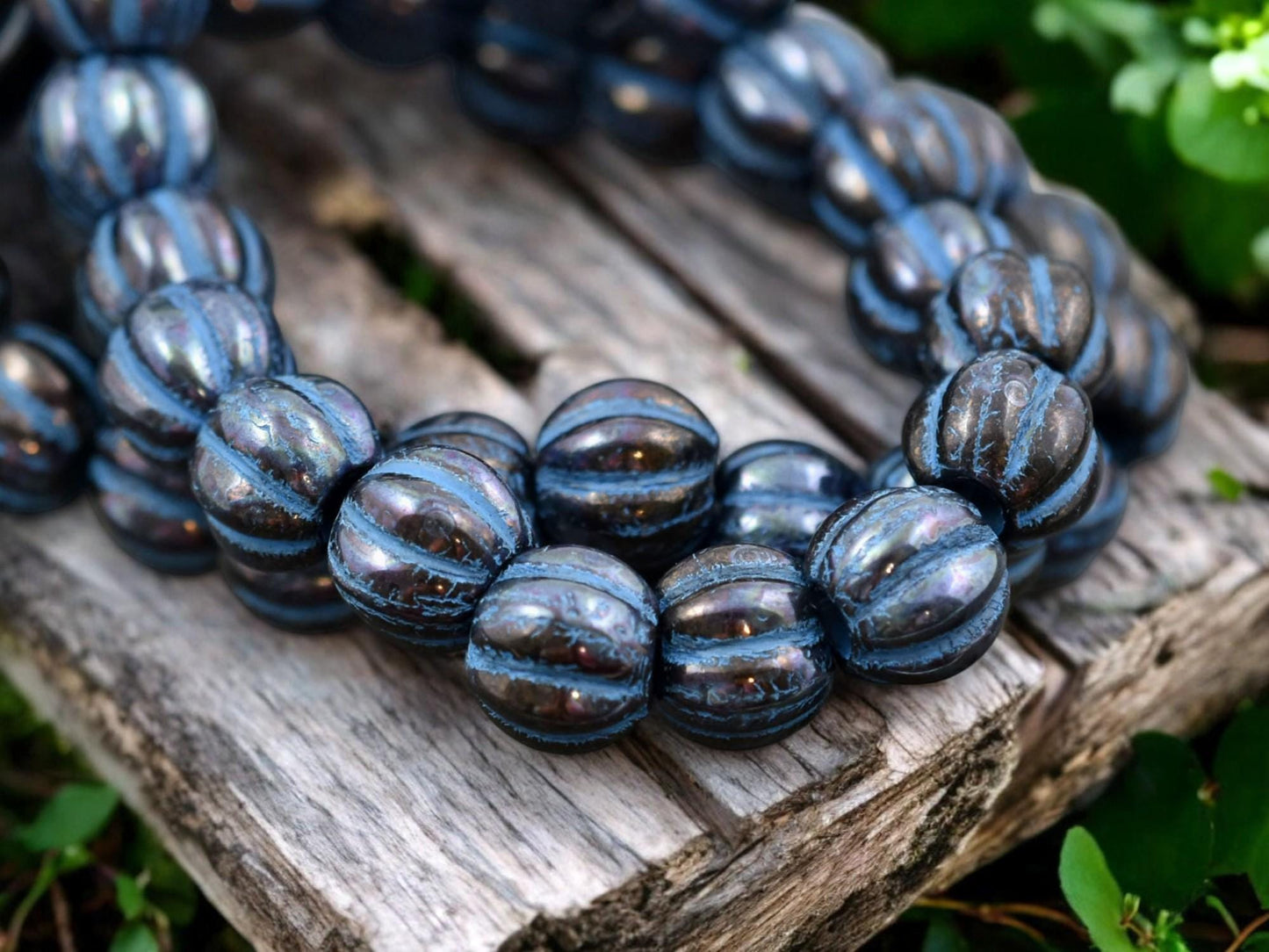 *20* 8mm Turquoise Washed Bronzed Jet Black Large Hole Melon Beads