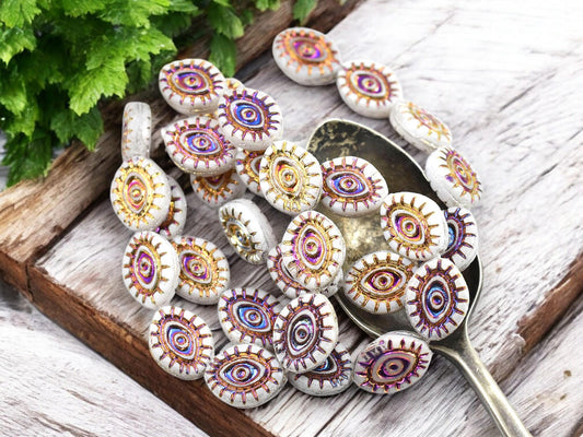 Czech Glass Beads - Evil Eye Beads - Mystic Eye Beads - Full Strand - 10pcs - 14x11mm - (1268)